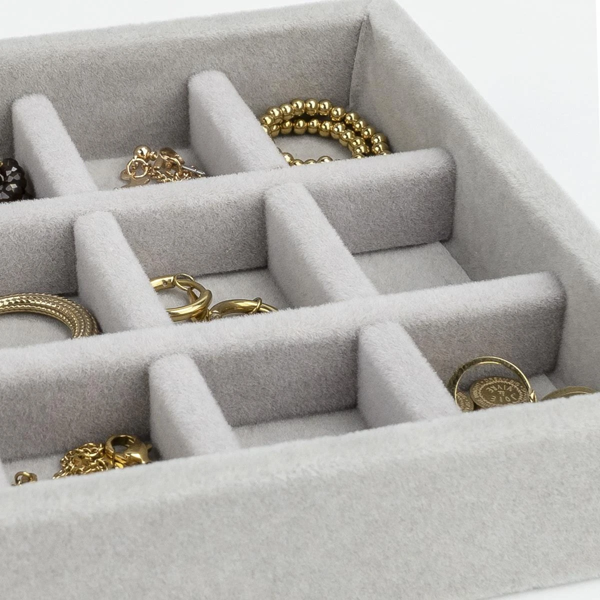 LYVION Sieradendoos Met 15 Vakken - Fluweel - Grijs - Afbeelding 2