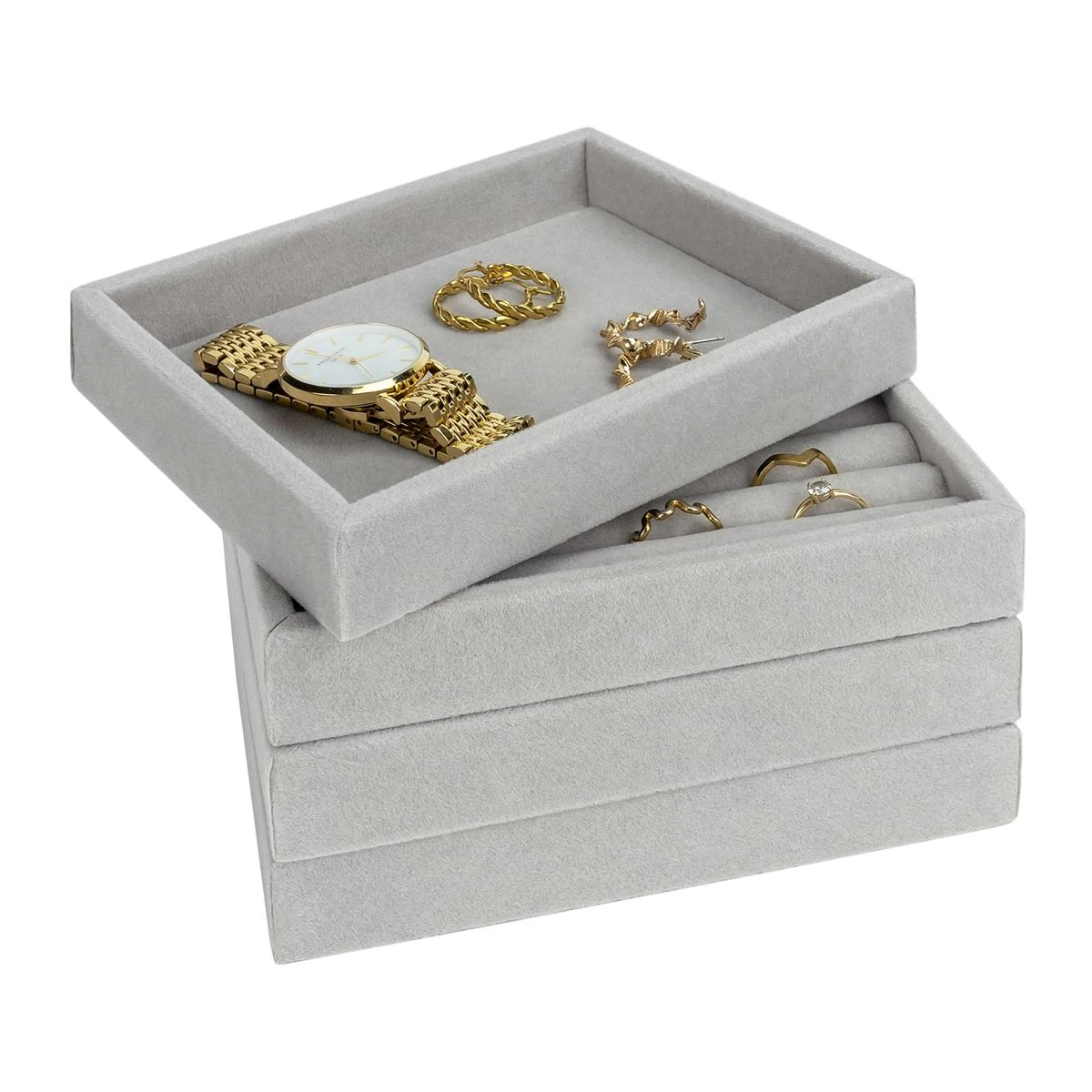 LYVION Sieradendoos Met 15 Vakken - Fluweel - Grijs - Afbeelding 6