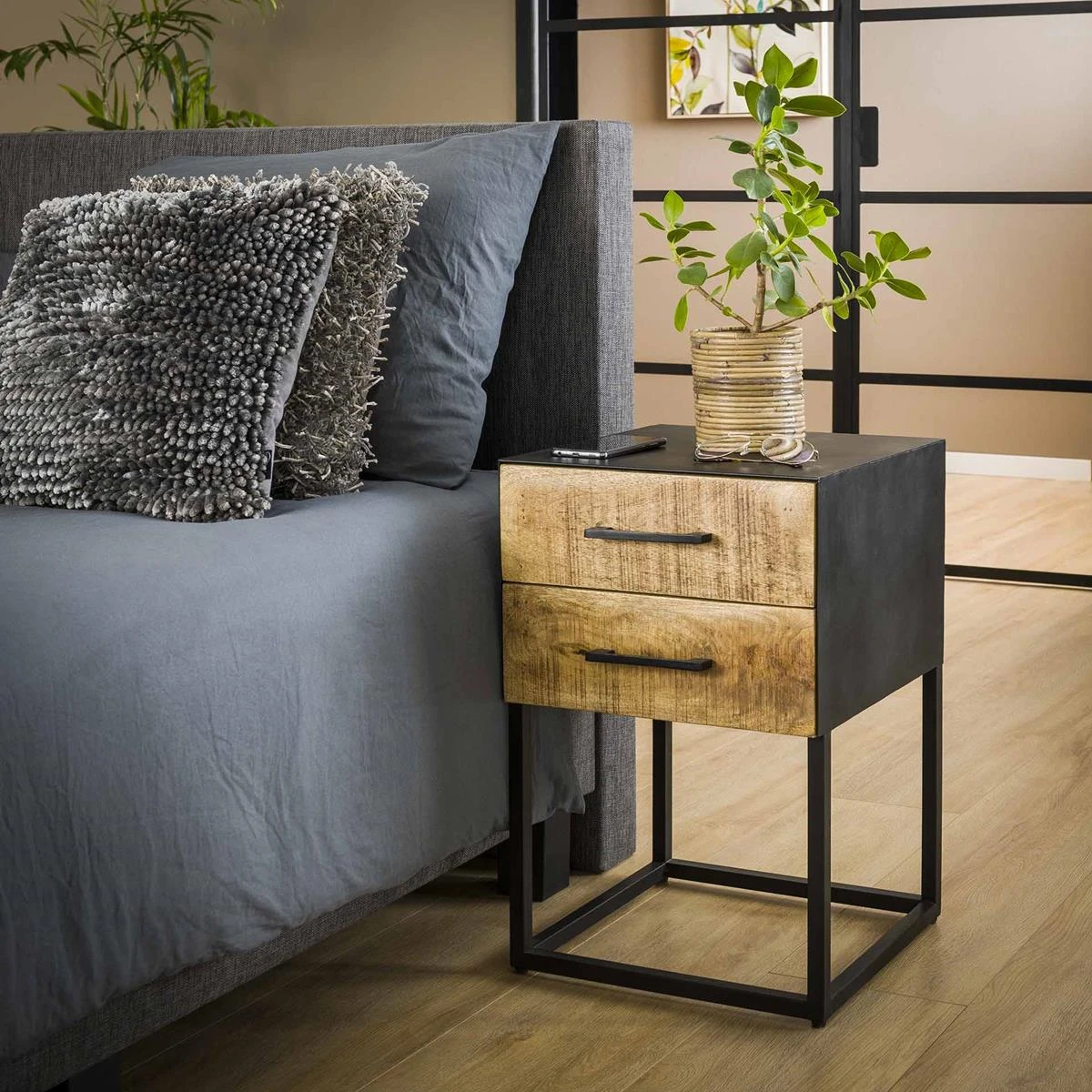 Hoyz - Nachtkastje Metal Wood - Massief Mangohout - 40x40x60 - Afbeelding 2