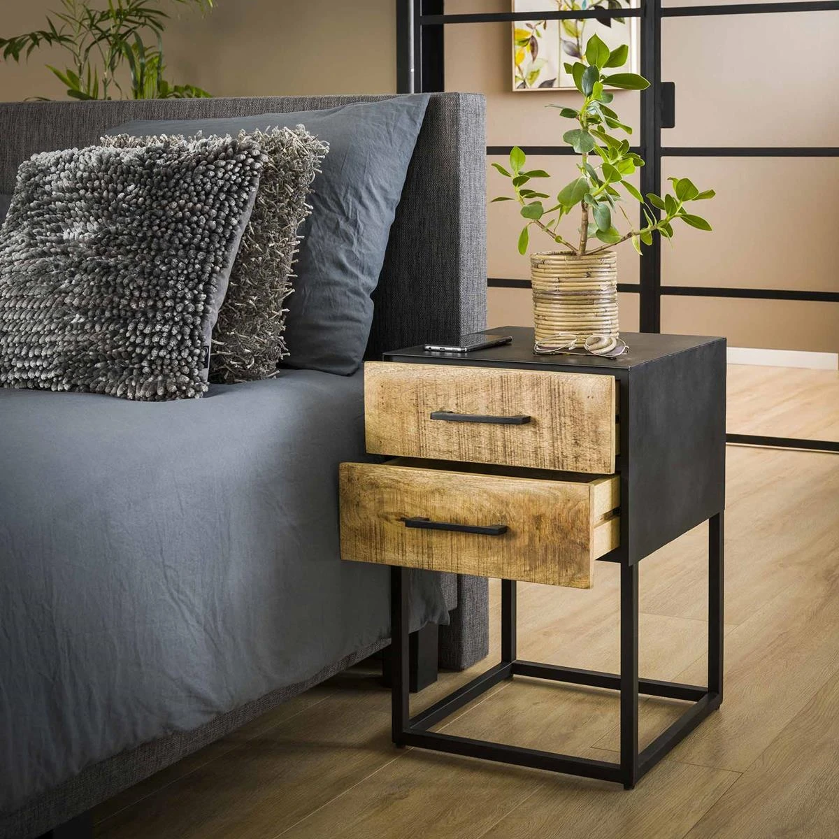 Hoyz - Nachtkastje Metal Wood - Massief Mangohout - 40x40x60 - Afbeelding 4