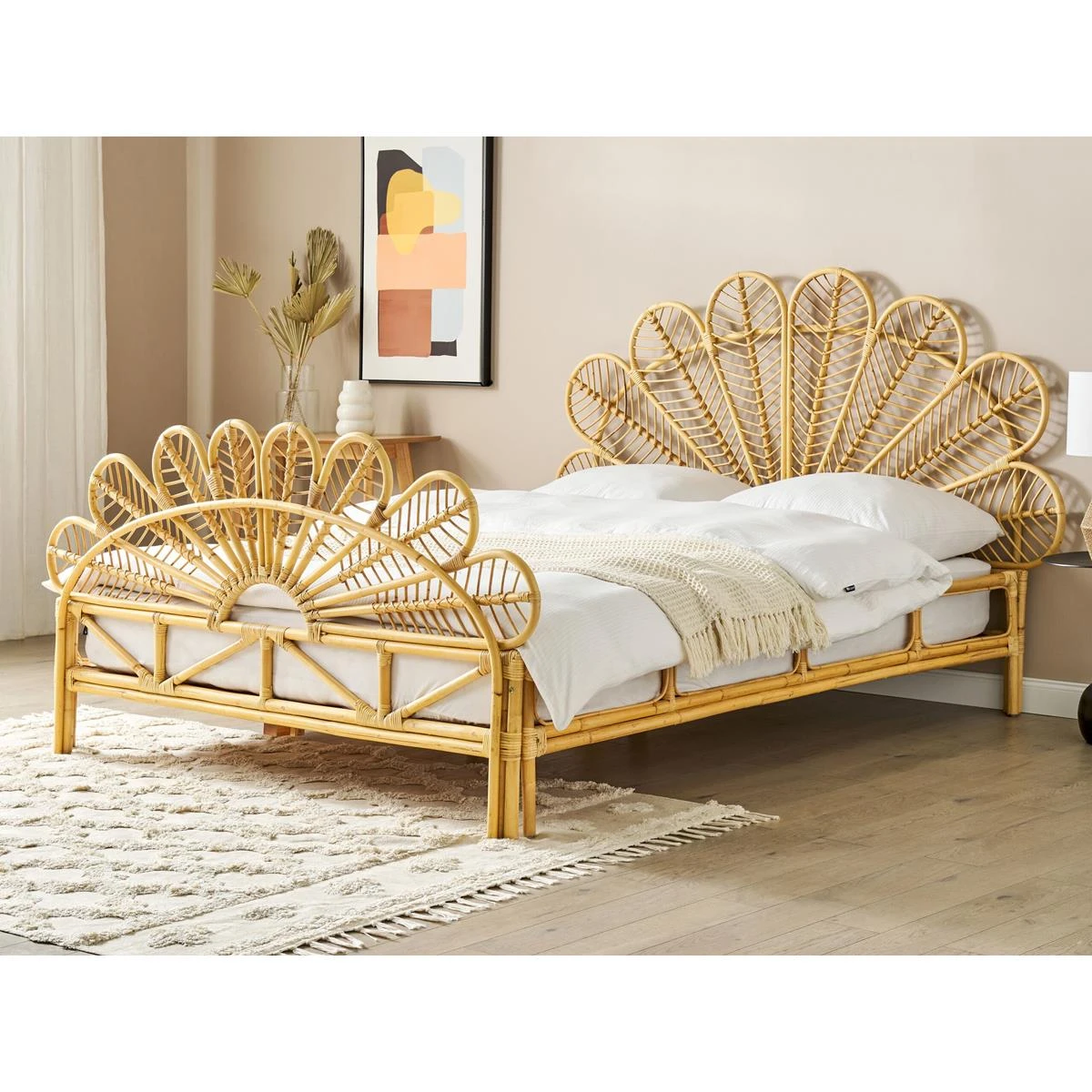 Beliani-FLORENTINE-Tweepersoonsbed-Lichtbruin-160 X 200 Cm-Rotan - Afbeelding 2