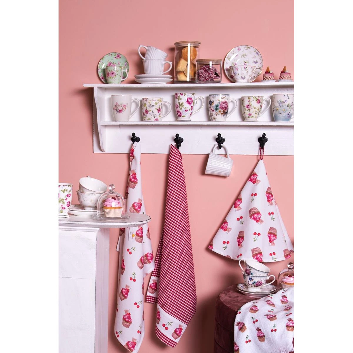 Clayre & Eef Gastendoekje 40x66 Cm Wit Roze Katoen Rechthoek Cupcake - Afbeelding 5