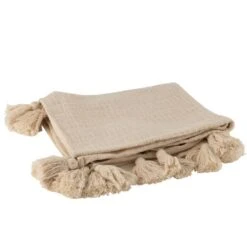 J-Line - J-Line Plaid Cosy Pompom Katoen Beige - 180x148 CM