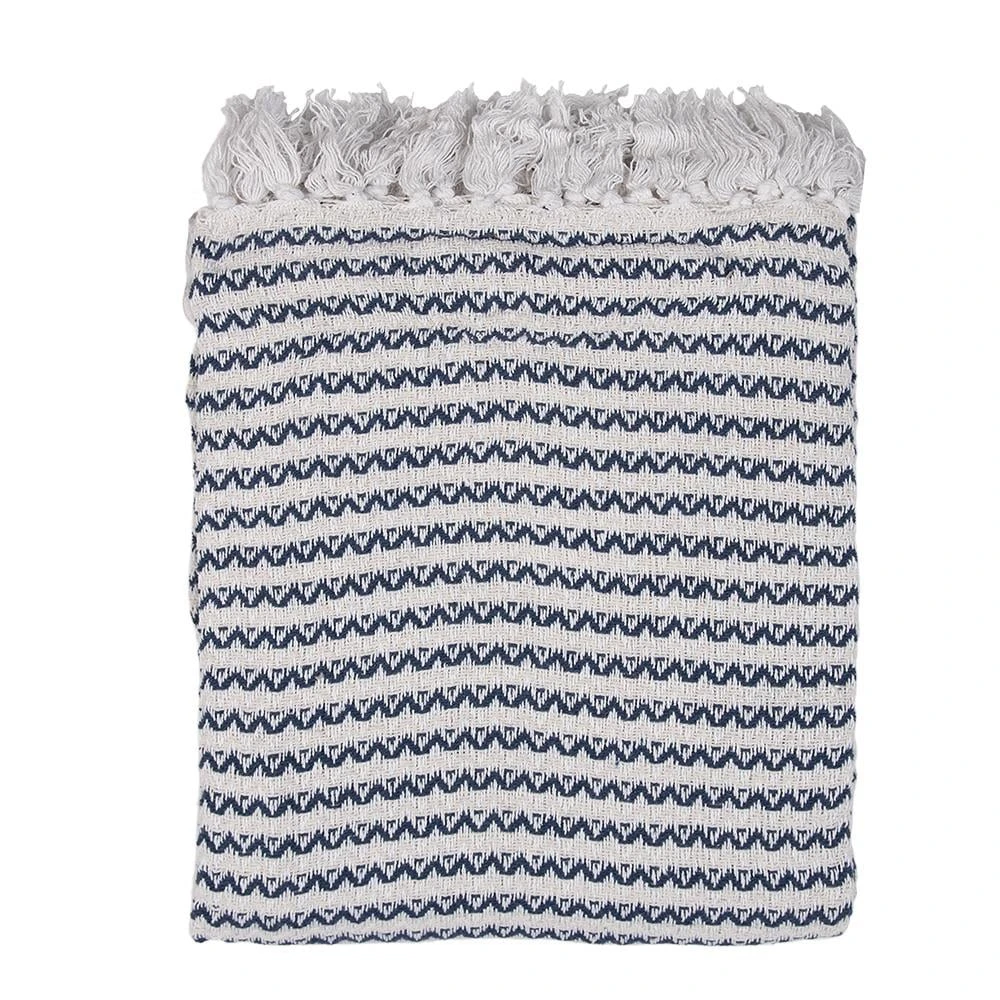 Clayre & Eef Plaid 125x150 Cm Beige Blauw Katoen Zigzag Deken