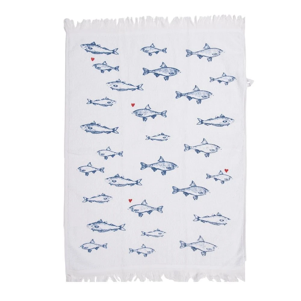 Clayre & Eef Gastendoekje 40x66 Cm Wit Blauw Katoen Vissen Toilet - Afbeelding 2