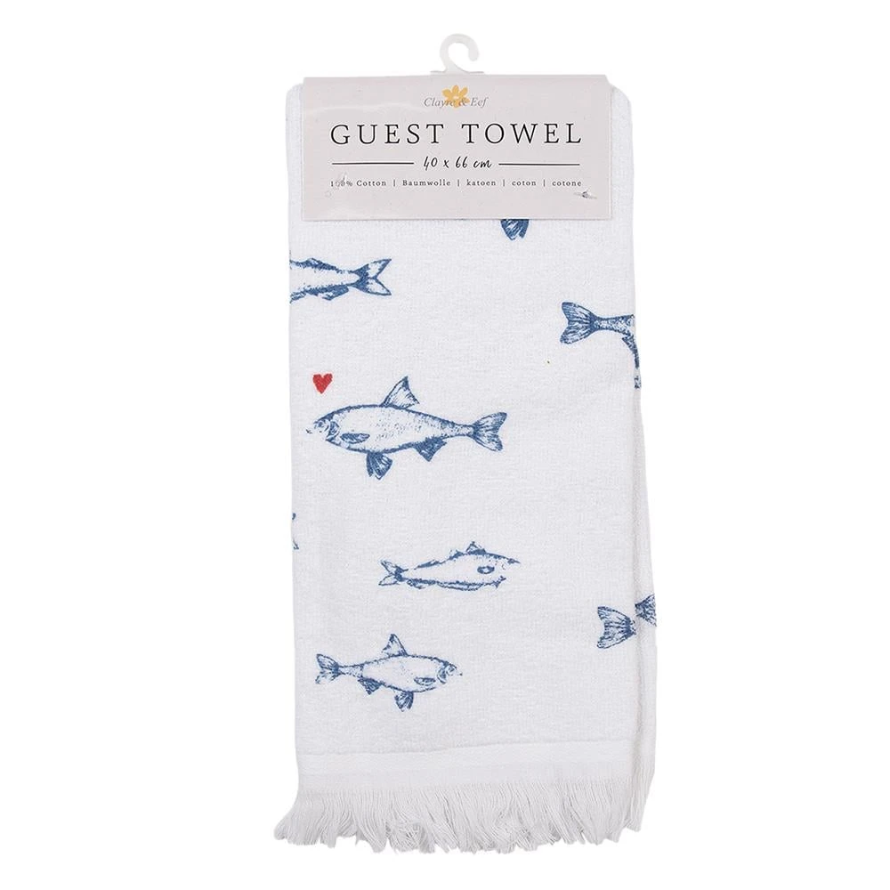 Clayre & Eef Gastendoekje 40x66 Cm Wit Blauw Katoen Vissen Toilet - Afbeelding 3
