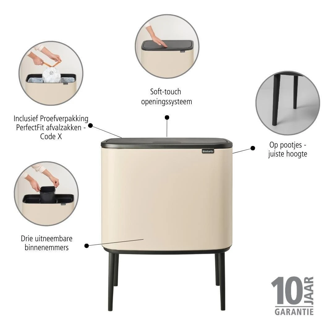 Brabantia Bo Touch Bin Afvalemmer 3 X 11 L - Soft Beige - Afbeelding 10