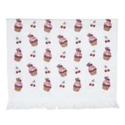 Clayre & Eef Gastendoekje 40x66 Cm Wit Roze Katoen Rechthoek Cupcake
