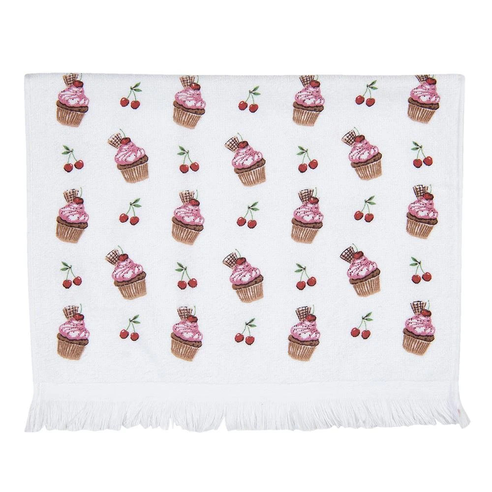 Clayre & Eef Gastendoekje 40x66 Cm Wit Roze Katoen Rechthoek Cupcake