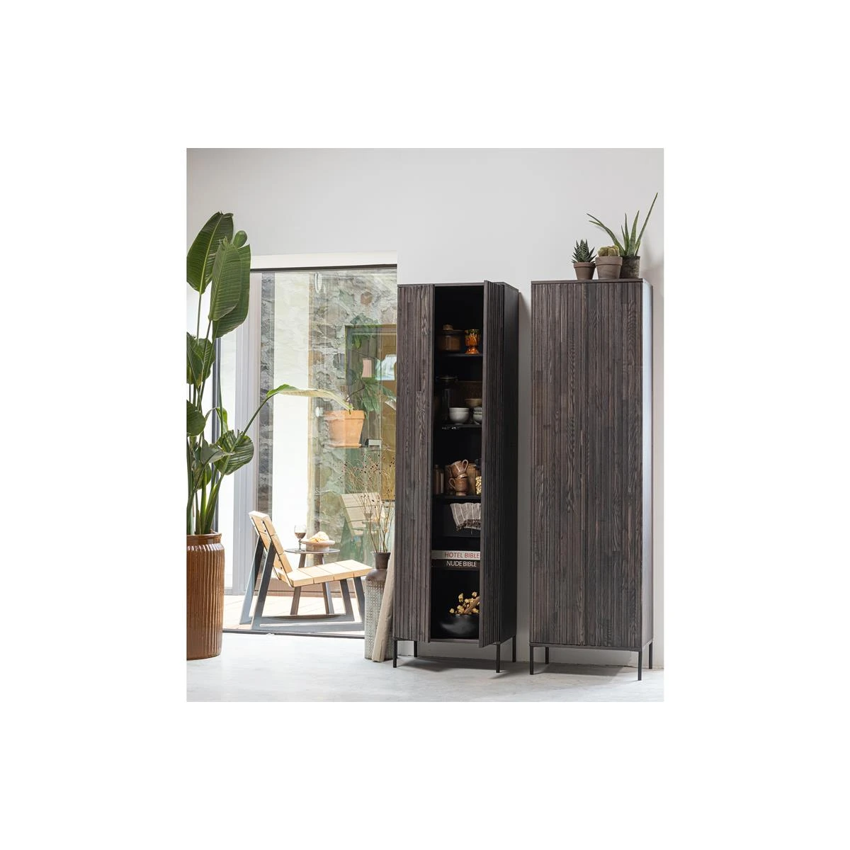 WOOOD Exclusive New Gravure Hoge Kast - Essen - Espresso - 210x60x42 - Afbeelding 2