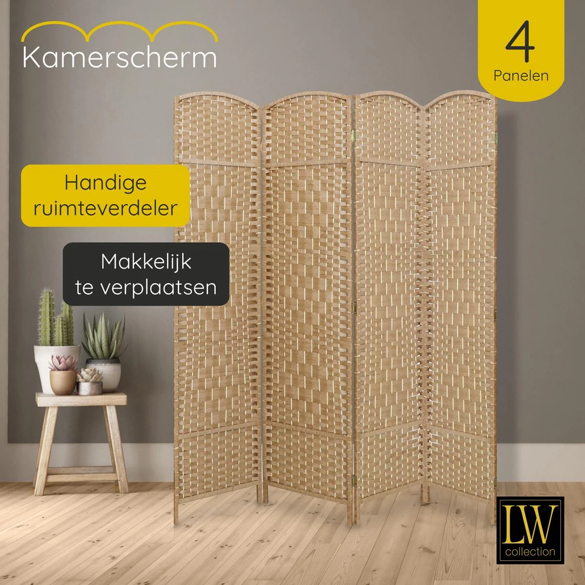 LW Collection Kamerscherm 4 Panelen Bruin 170x160cm - Afbeelding 3