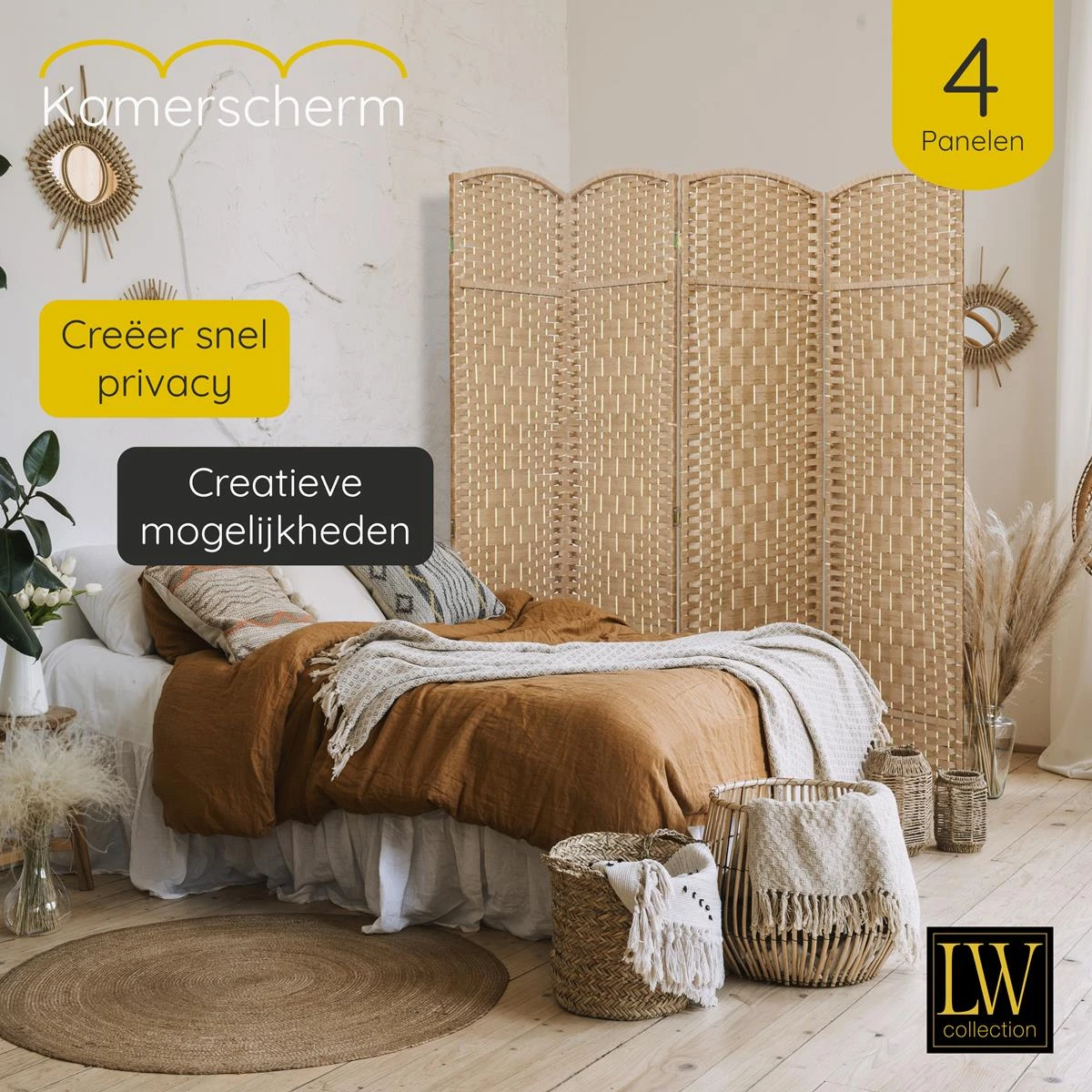 LW Collection Kamerscherm 4 Panelen Bruin 170x160cm - Afbeelding 4
