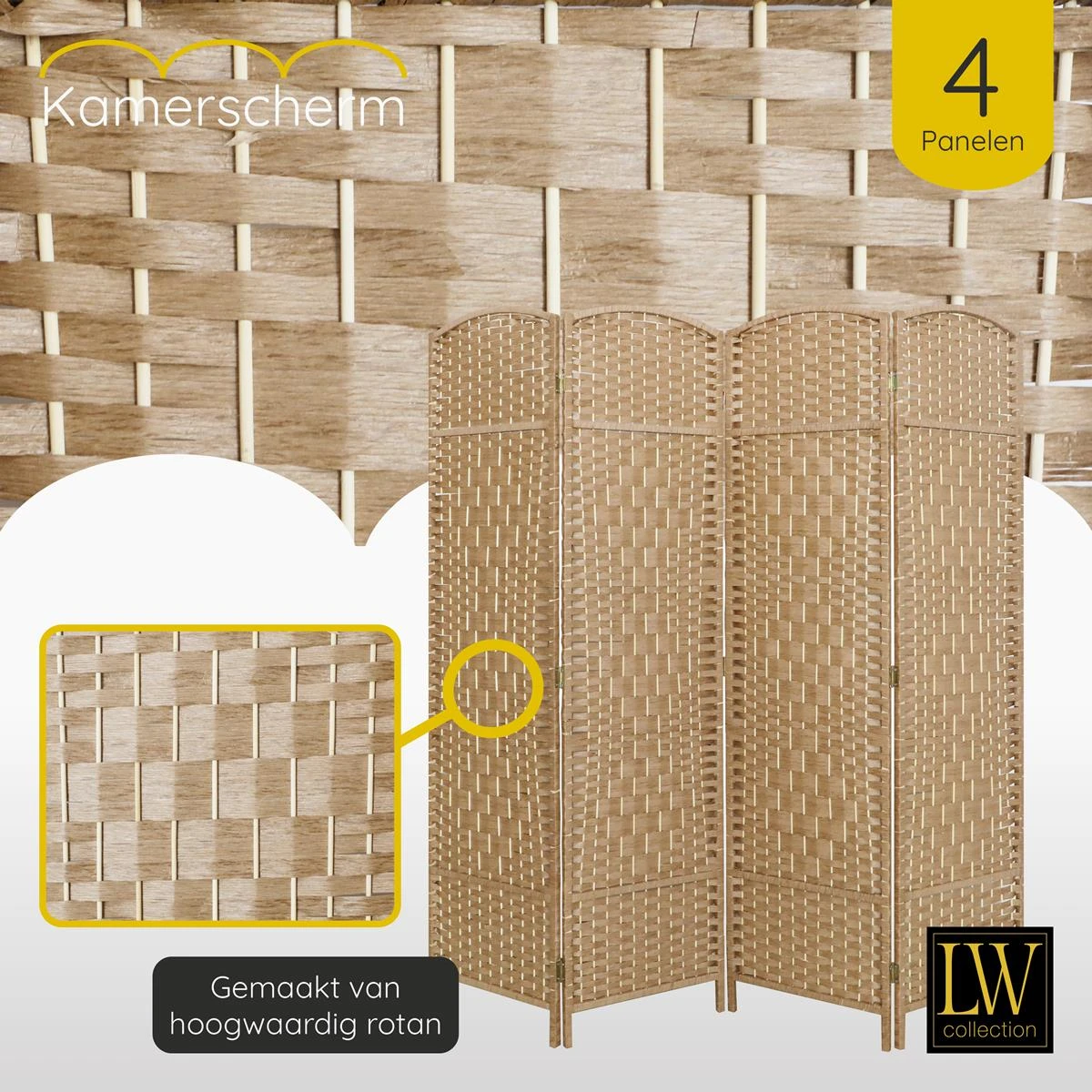 LW Collection Kamerscherm 4 Panelen Bruin 170x160cm - Afbeelding 5