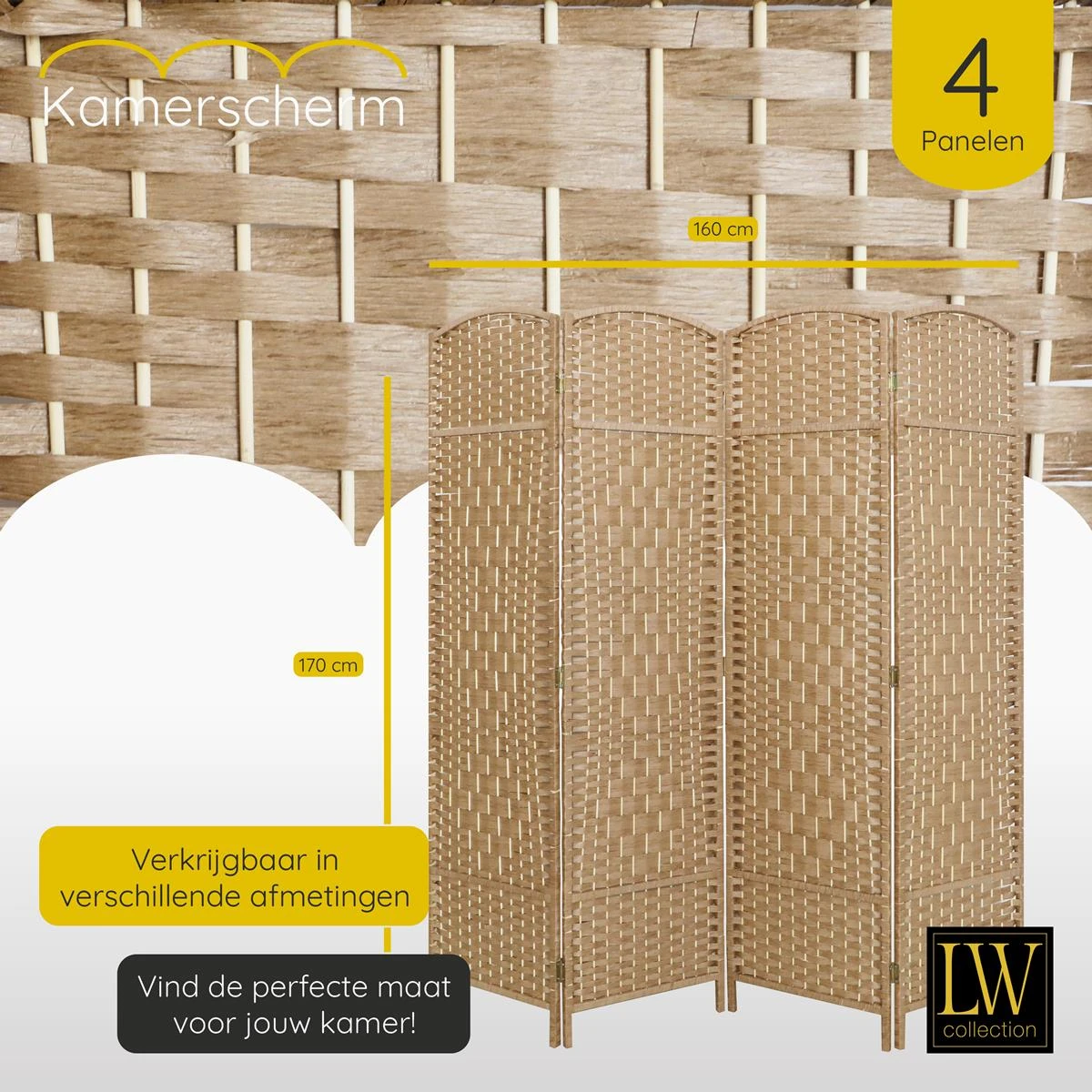 LW Collection Kamerscherm 4 Panelen Bruin 170x160cm - Afbeelding 6