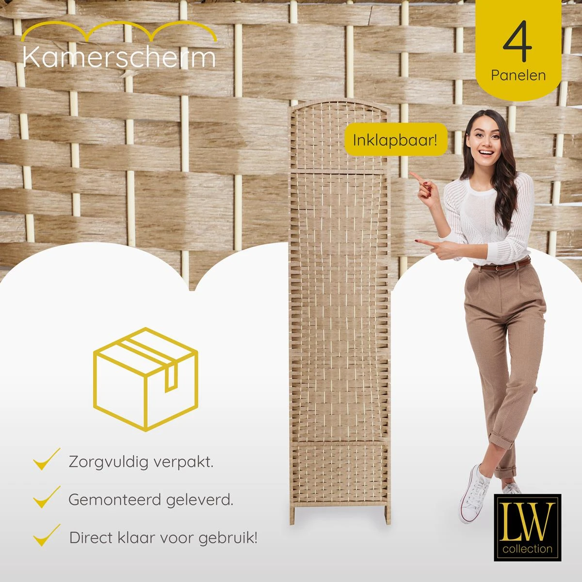 LW Collection Kamerscherm 4 Panelen Bruin 170x160cm - Afbeelding 7