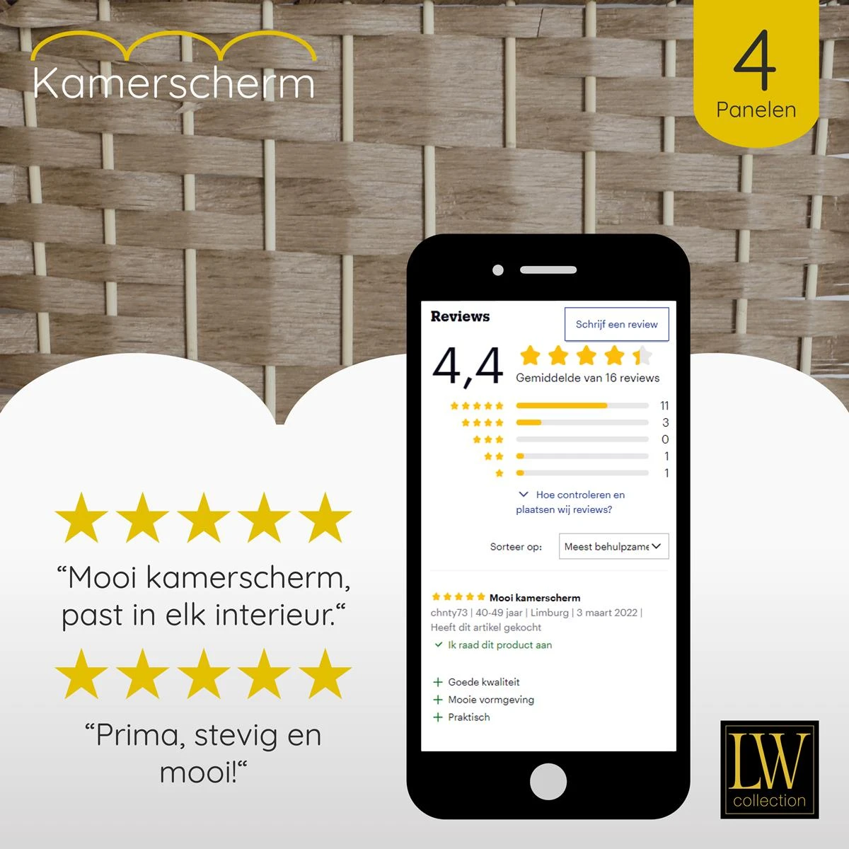 LW Collection Kamerscherm 4 Panelen Bruin 170x160cm - Afbeelding 9